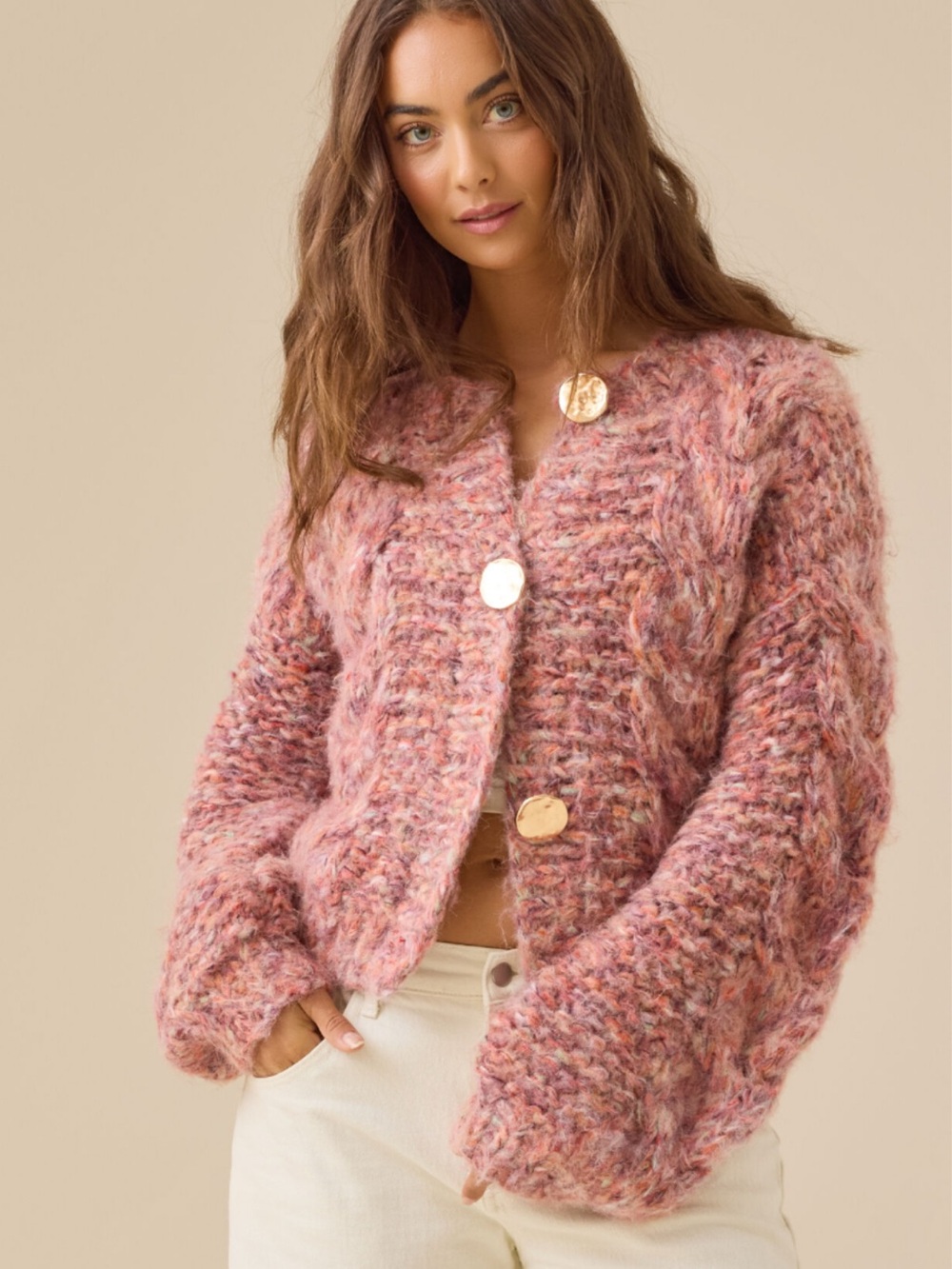 Altar’dState Poppie Pink Marled Chunky Knit Cardigan Multicolor Gold Buttons s/m